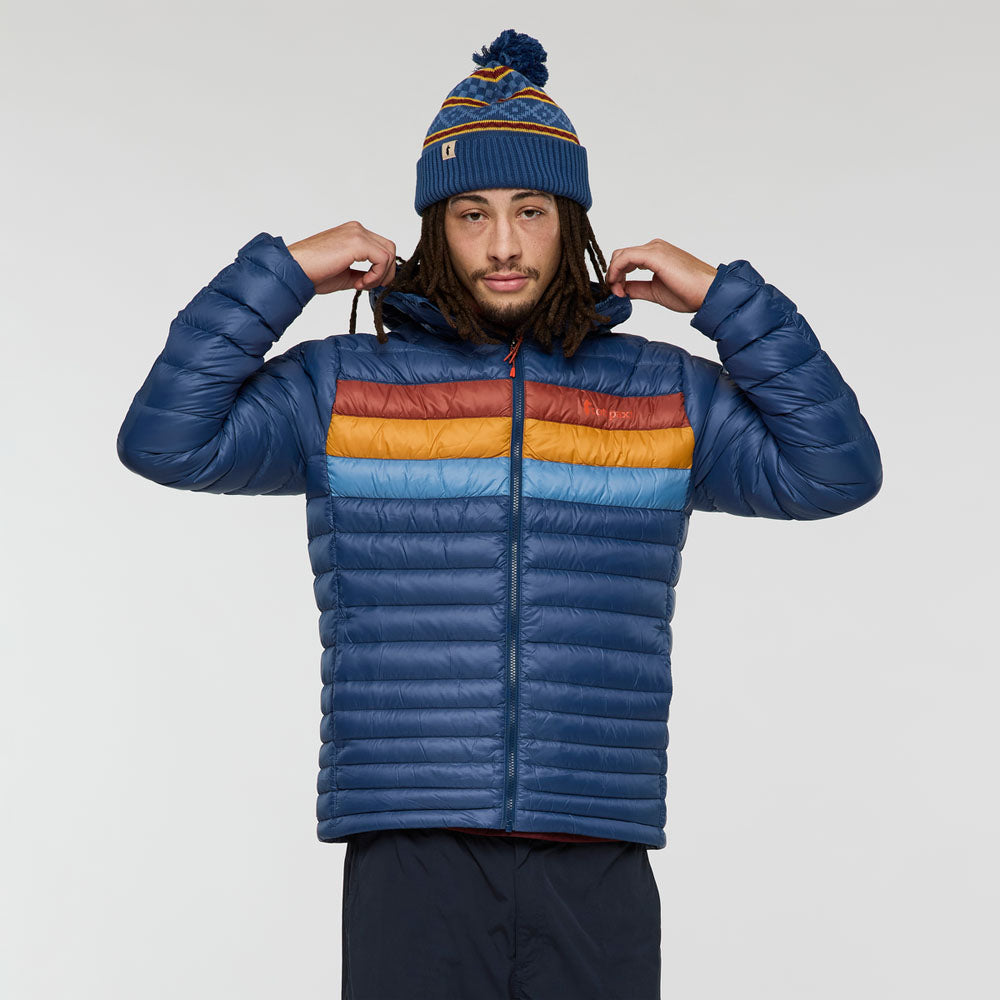 Cotopaxi Mens Fuego Hooded Down Jacket Deep Sea Stripes