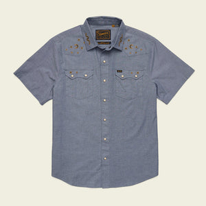 Howler Brothers Mens Crosscut Deluxe Shortsleeve Shirt Noche de Paz: Indigo Chambray