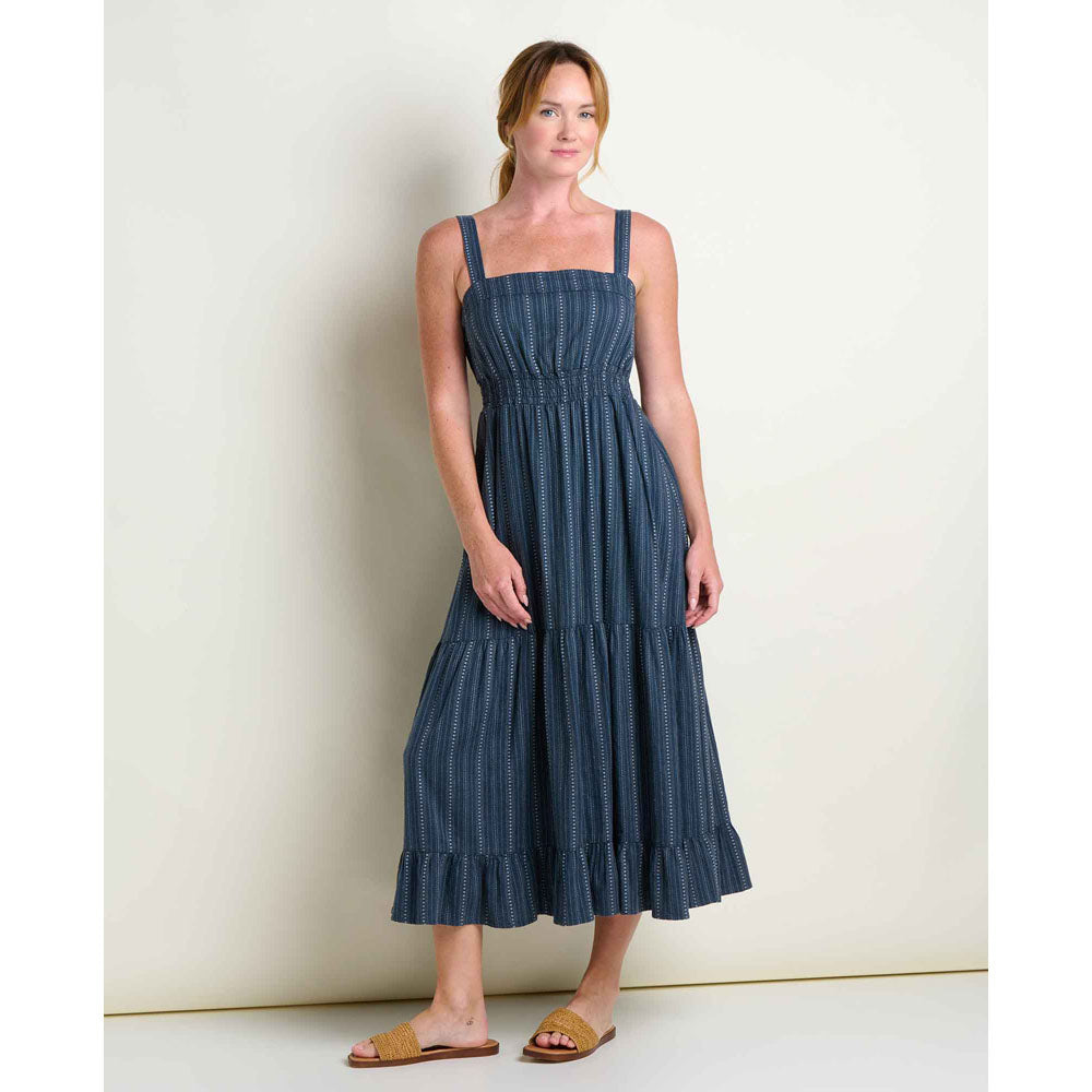 Toad&Co. Womens Taj Hemp Tiered Midi Dress Midnight Dobby