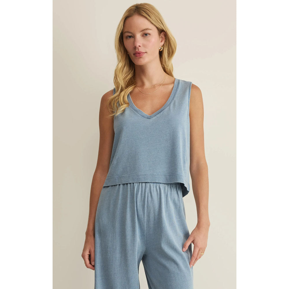 Z Supply Womens Sloane V-Neck Jersey Denim Tank Ocean Air Indigo