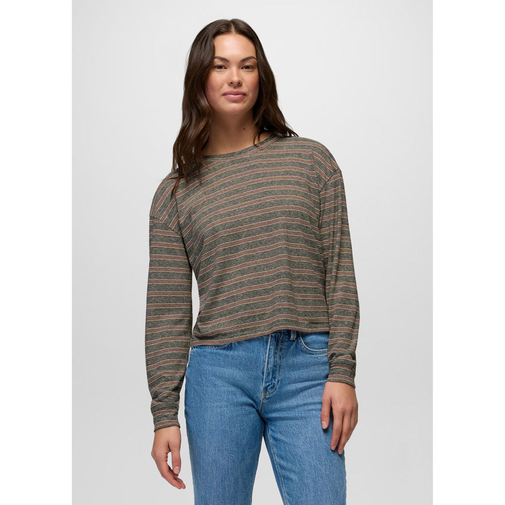 Prana Womens Cozy Up Long Sleeve Crew Cacao Stripe