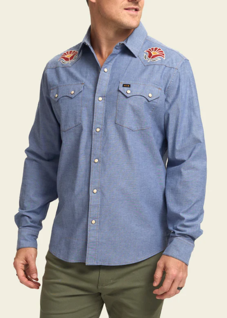 Howler Brothers Men&#39;s Crosscut Deluxe Snapshirt BU Blue Chambray: Fresh Blooms / L