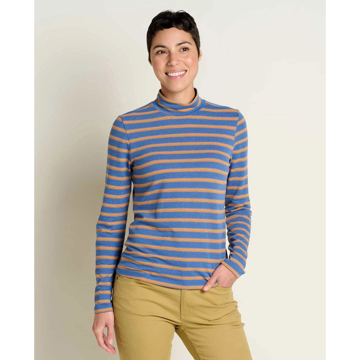 Toad&amp;Co. Women&#39;s Piru Mockneck Long Sleeve Tee Cornflower Uneven Stripe