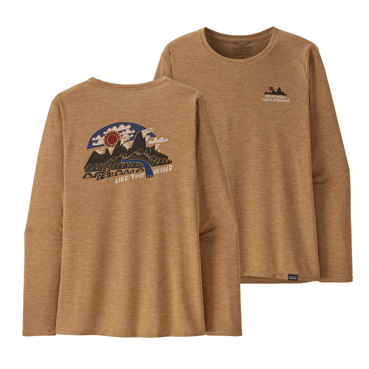 Patagonia Women's Long-Sleeved Cap Cool Daily Graphic Shirt - Lands ike the Wind: Tinamou Tan X-Dye / L