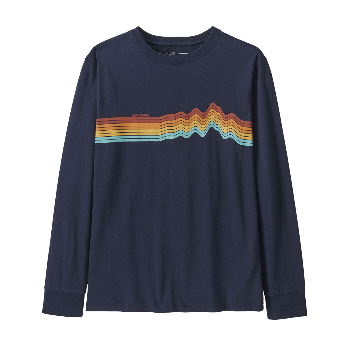 Patagonia Kids' Long-Sleeved Regenerative Organic Certified Cotton Ridge Rise Stripe T-Shirt New Navy