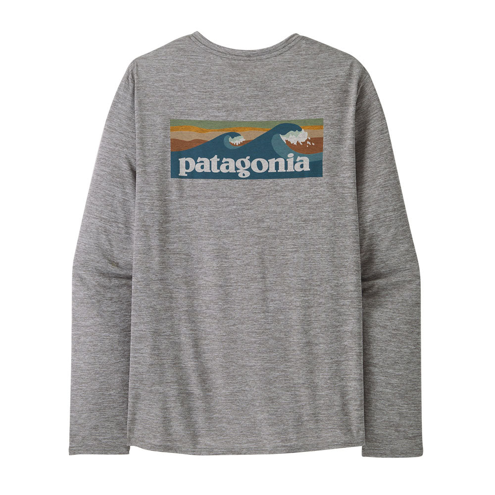 Patagonia Mens Long-Sleeved Capilene Cool Daily Graphic Shirt - Waters Boardshort Logo Abalone Blue: Feather Grey
