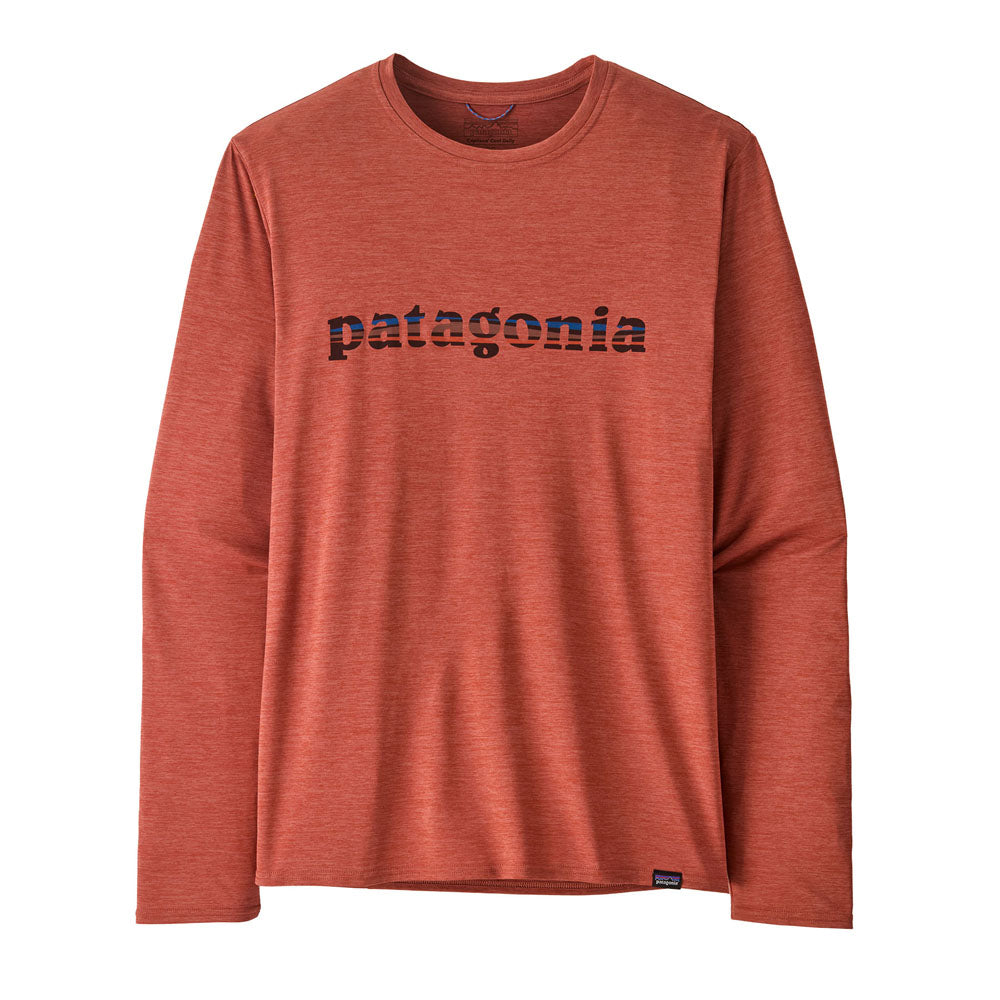 Patagonia Mens Long-Sleeved Capilene Cool Daily Graphic Shirt 73 Text Logo: Potters Red X-Dye