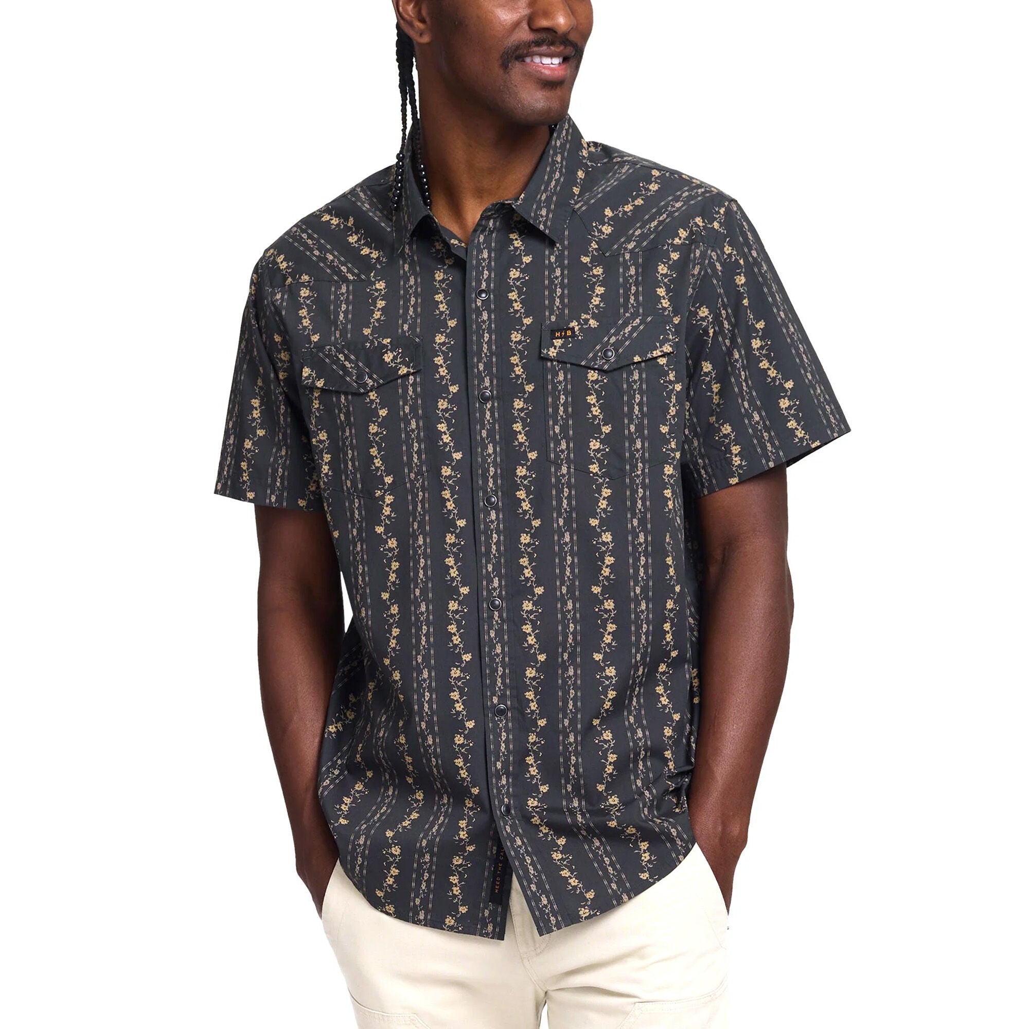 Howler Brothers Mens H Bar B Snapshirt Hibiscus Ribbons: Antique Black