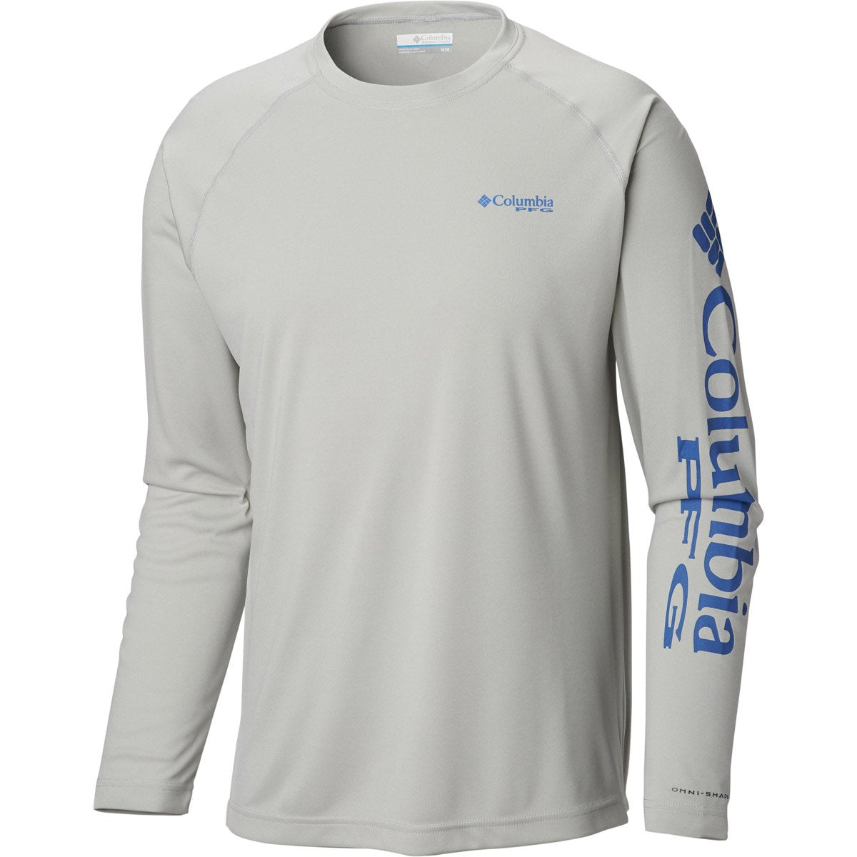 Columbia Men's PFG Terminal Tackle Heather Long Sleeve Shirt Cool Grey Heather, Vivid Blue Logo