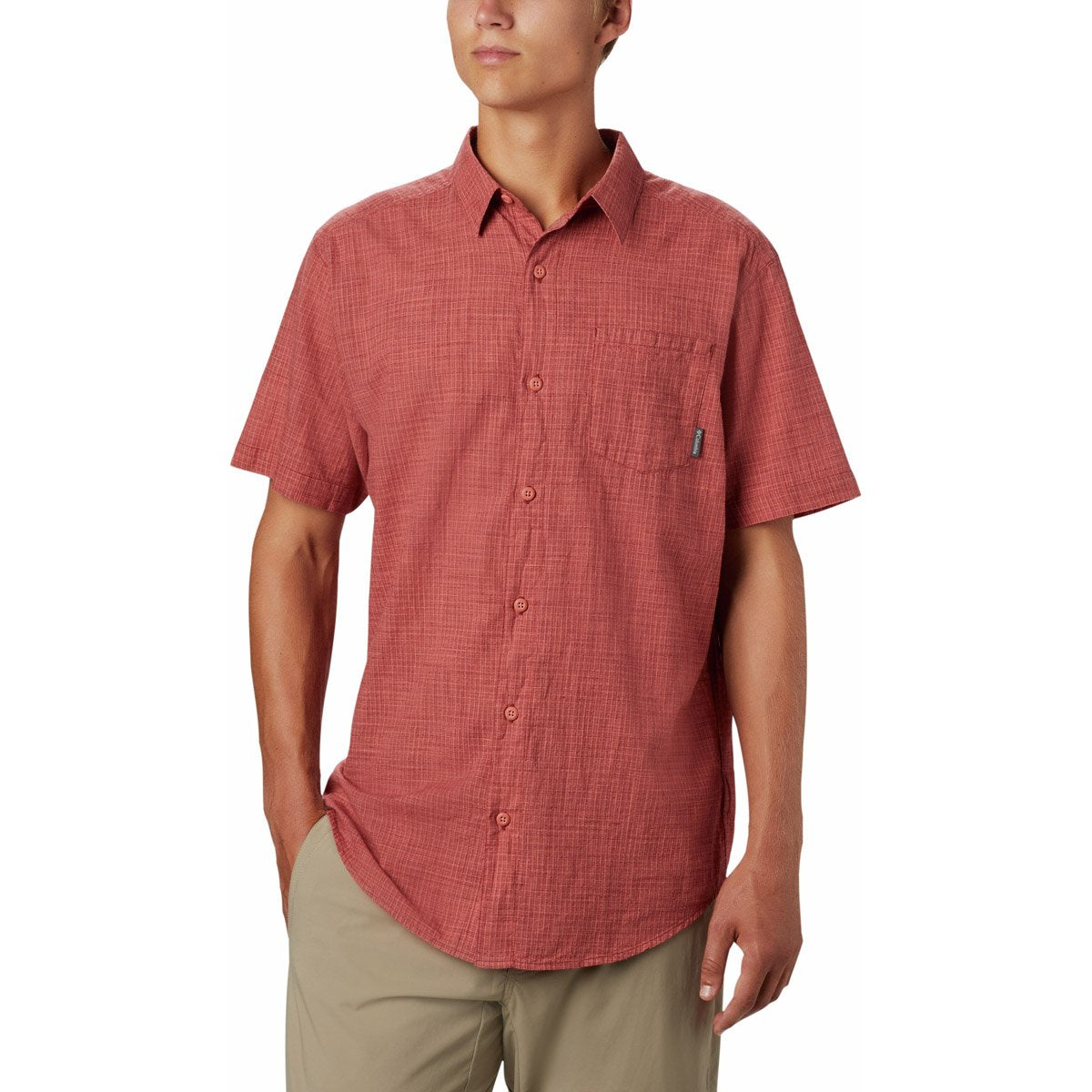 Columbia Men's Under Exposure Yarn-Dye Short Sleeve Shirt Dark Coral Plaid