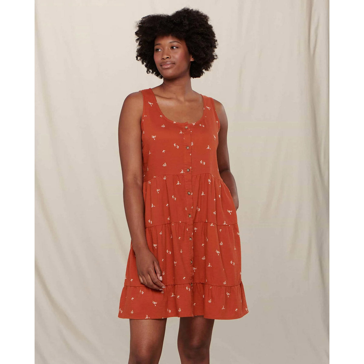 Toad&Co. Women's Manzana Tiered Sleeveless Dress Rust Ditsy Print