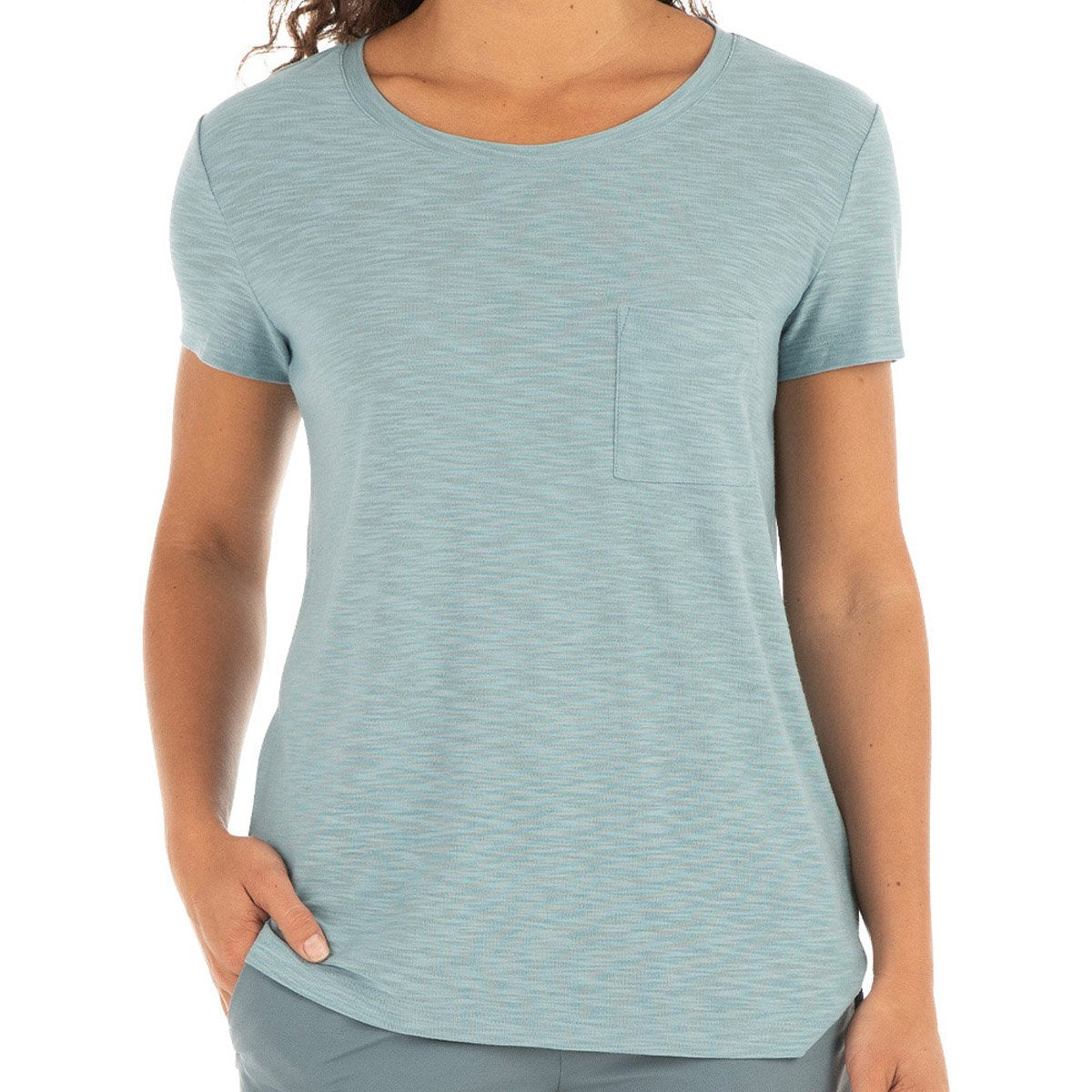 Free Fly Apparel Women&#39;s Bamboo Slub Channel Pocket Tee Stone Blue